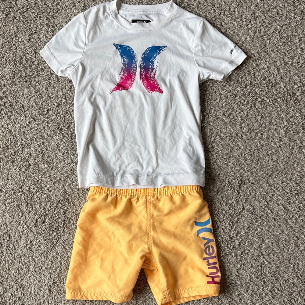 Hurley White Rash Gaurd with Blue-Pink Logo & Orange Swim Shorts